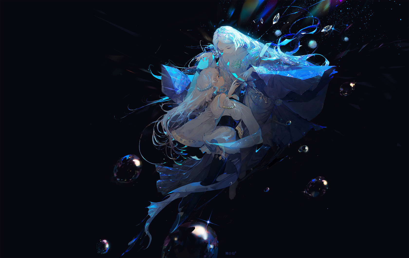 the image is a digital painting of two animestyle girls with long white hair, dressed in flowing blue and white dresses. they appear to be floating in a dark space filled with glowing bubbles and sparkles.  one girl seems to be embracing or supporting the other. the overall style is ethereal and magical.  the dark background contrasts sharply with the bright, glowing figures and particles. the art style is highly detailed and painterly.