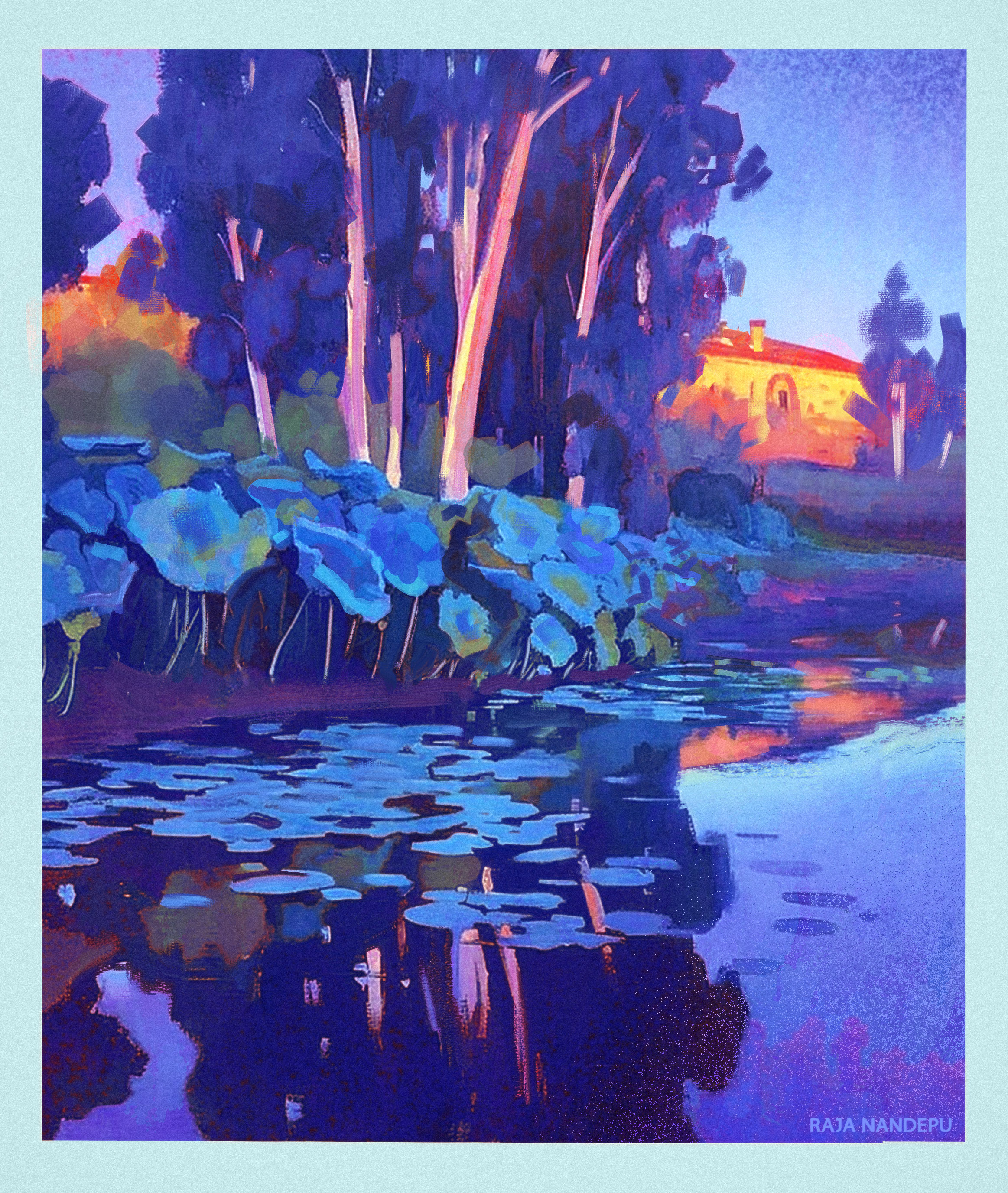 this is a painting of a lake at sunset. the lake is surrounded by trees, and the sun is setting behind a house in the distance. the reflection of the sunset, trees, and house can be seen in the water. the painting is done in mostly shades of blue and purple, with some yellow and orange in the sunset.