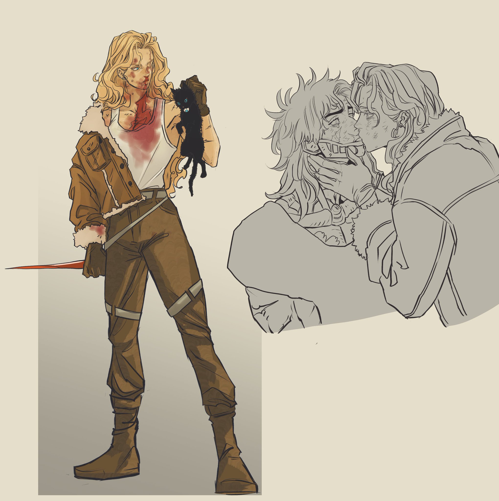 the image shows an illustration of a blonde woman in a brown jacket and pants, holding a black cat. she has blood on her face and shirt and a dagger in her hand. in the background, there is a sketch of two men kissing in an affectionate pose.