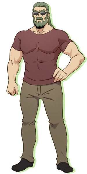 a cartoon anime character with green hair and a beard is standing with a slight pose. he is wearing sunglasses, a burgundy shirt, brown pants and black shoes. he has a serious expression on his face.