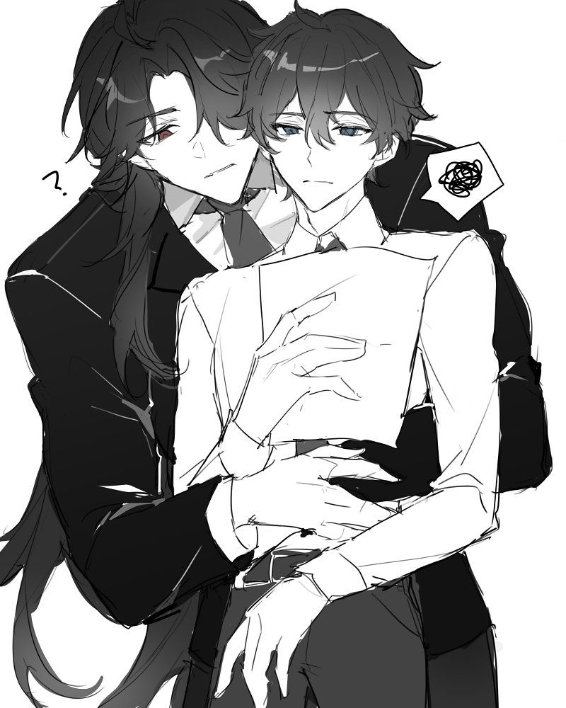 the image depicts a romantic scene between two anime boys. the boy on the left is wearing a black suit and has long black hair. the boy on the right is wearing a white shirt and has short black hair. the boy on the left has his arm around the boy on the right's waist, and they are looking at each other with affection. the scene is drawn in black and white, giving it a soft and romantic feel.