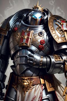 a heavily armored futuristic warrior, clad in silver and gold armor, stands proudly. he holds a large weapon in his left hand, partially obscured from view. his helmet, adorned with a crownlike embellishment, obscures his face. the image has a dark, gritty aesthetic.
