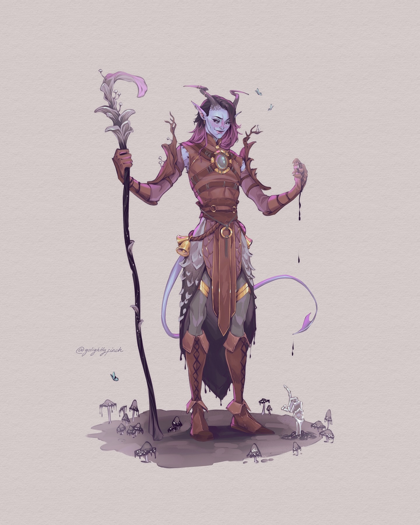 the image is a digital painting of a female tiefling character, likely a warlock or sorceress. she is standing in a mystical forest setting, surrounded by glowing mushrooms. her attire consists of brown armor, purple hair, and horns. she holds a staff, and a dark substance appears to be dripping from her hand.  the overall style is dark fantasy, with a focus on ethereal and mystical elements. the artwork is highly detailed, with a focus on both the character's design and the surrounding environment.  the color palette is muted, with shades of purple, brown, and grey dominating. the artwork is signed with a watermark in the lower left corner.
