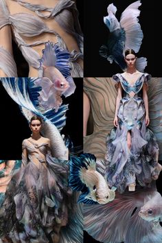 this is a collage of three images that showcase creative fashion designs inspired by fish. the left image shows a model wearing a dress that resembles a fish with intricate details and flowing fabric. the middle image features a model in a flowing dress adorned with shimmering fish scales and a fishtaillike train. the right image focuses on a dress that evokes a shimmering fish, with the fabric resembling fish scales and fins. the collage highlights the artistic interpretation of nature in fashion, capturing the beauty and elegance of the underwater world through clothing.