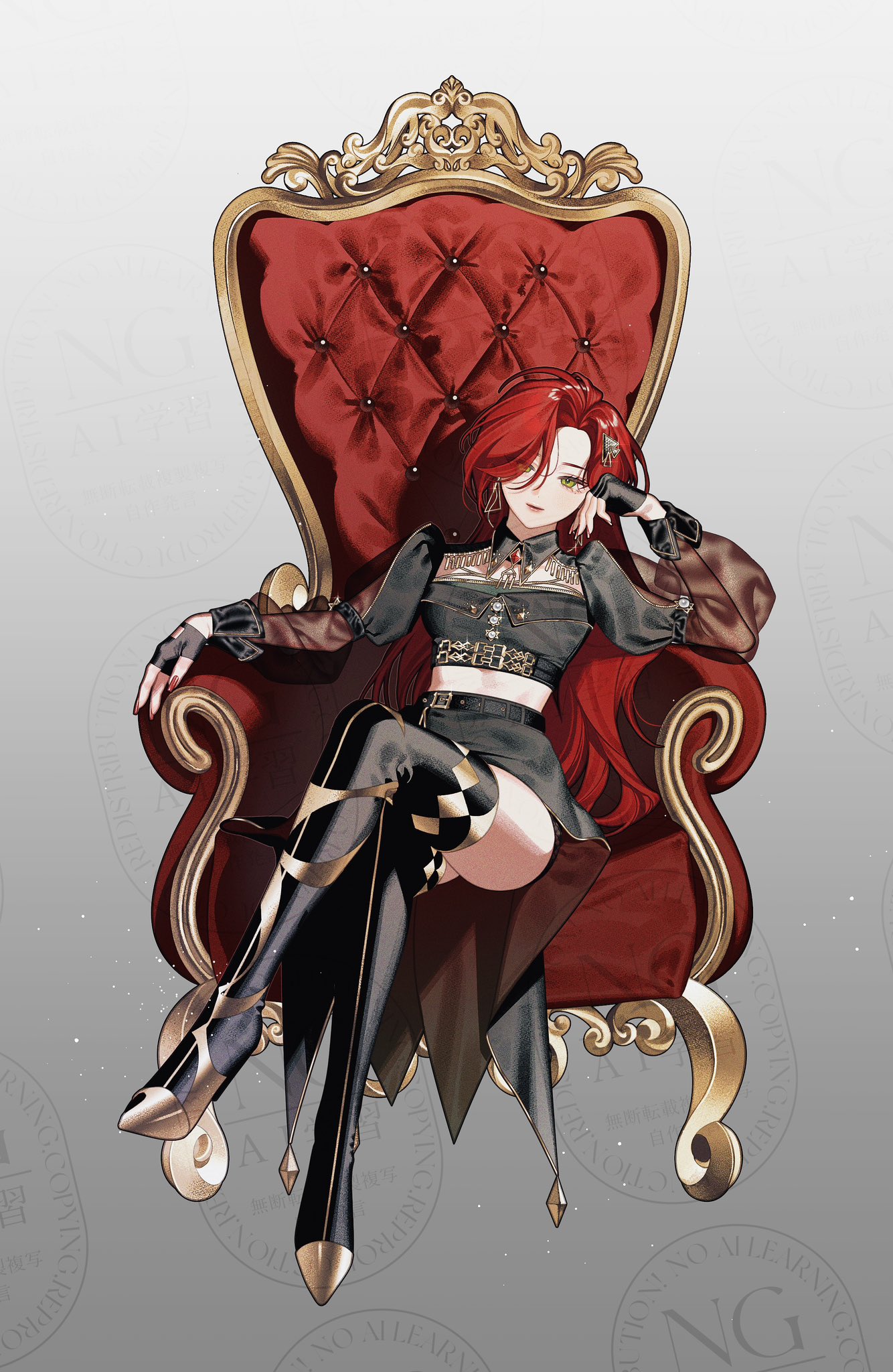 the image shows a stylized anime girl with long red hair sitting confidently on an ornate gold and red throne. she is wearing a black and gold outfit with jesterstyle boots and her pose is regal and powerful. the background is a muted grey with circular watermarks. the overall style is a mix of fantasy and modern elements, creating a striking and visually appealing image.