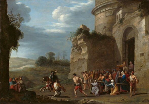 this is an oil painting depicting a biblical scene of jesus christ carrying the cross, likely the via dolorosa or the road to calvary. christ, dressed in a white robe, is at the center, struggling under the weight of the cross, assisted by simon of cyrene. a crowd of onlookers surrounds him, including women expressing grief and compassion. soldiers escort the procession, some wielding whips or spears. a mounted soldier on horseback oversees the scene. the backdrop features ancient roman architecture and ruins, suggesting a historical setting. the landscape includes hills and a dramatic sky with heavy clouds. the painting captures the emotional intensity and solemnity of the passion of christ.