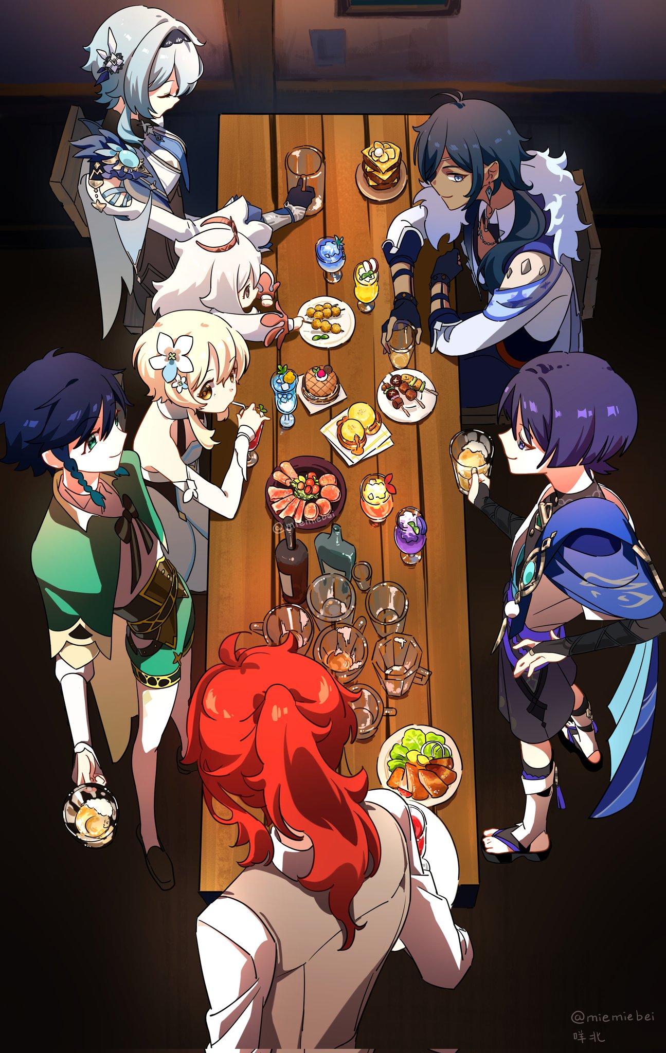 this image depicts a group of anime characters from genshin impact gathered around a table, enjoying a meal and drinks. they are all smiling and laughing, seemingly having a good time. the characters are all dressed in their unique outfits, and the table is filled with deliciouslooking food. the scene is lively and vibrant, showcasing the camaraderie and joy shared by this group of friends.