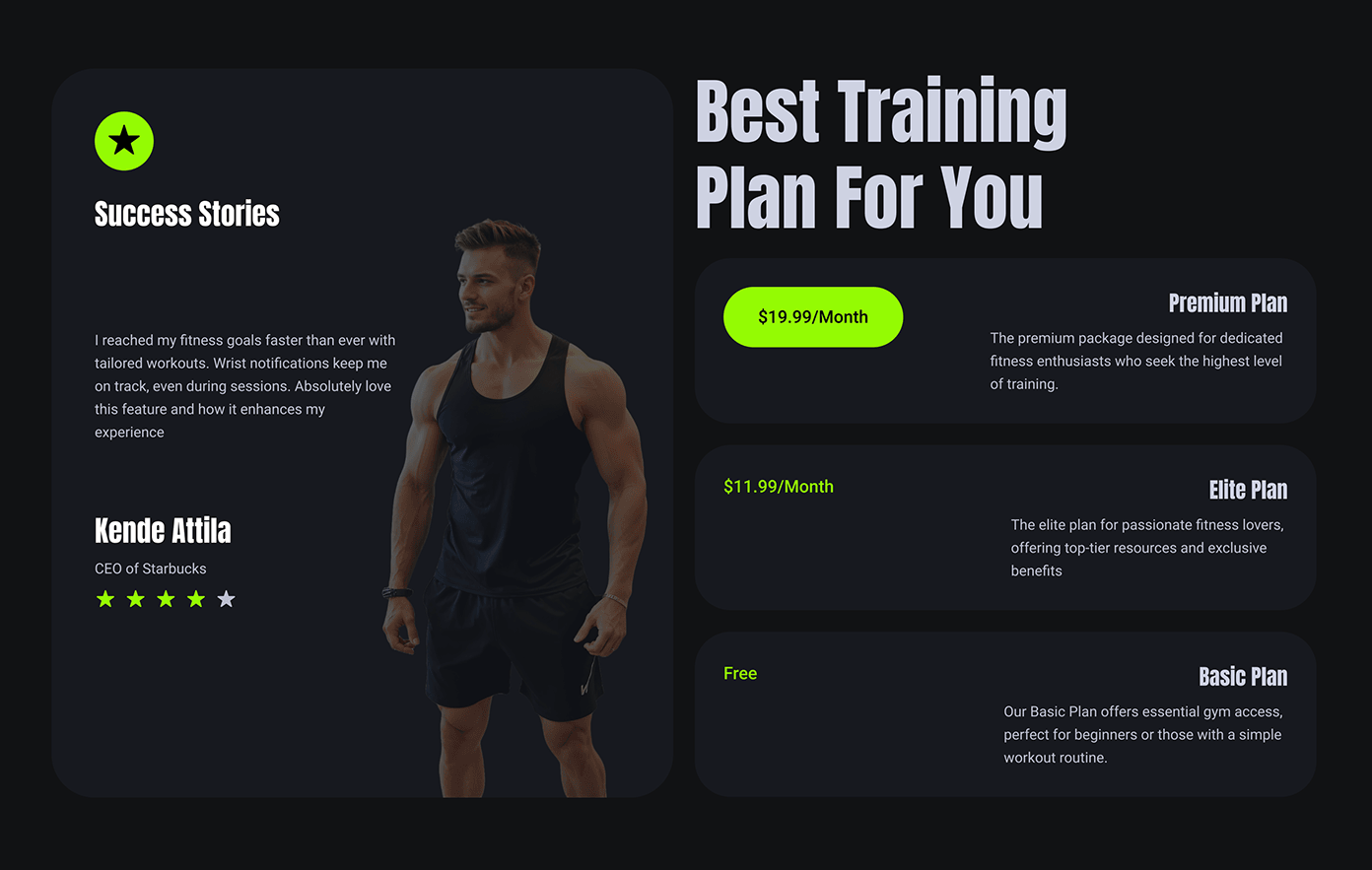 this image is an advertisement for a fitness training program. it features a testimonial from a satisfied customer, kende attila, who states that he reached his fitness goals faster than ever with the program. the ad highlights the program's different price plans, each with different levels of access and benefits. the image uses a dark color scheme and bright green accents to create a modern and bold aesthetic. the image also features a photo of a muscular man wearing a tank top and shorts, symbolizing the program's focus on fitness. the ad promotes the program's three different plans: premium, elite, and basic, each with a different price point and benefits. the premium plan is designed for dedicated fitness enthusiasts, the elite plan is for passionate fitness lovers, and the basic plan is for beginners or those with a simple workout routine.  the image aims to attract potential customers by showcasing the program's benefits and value.