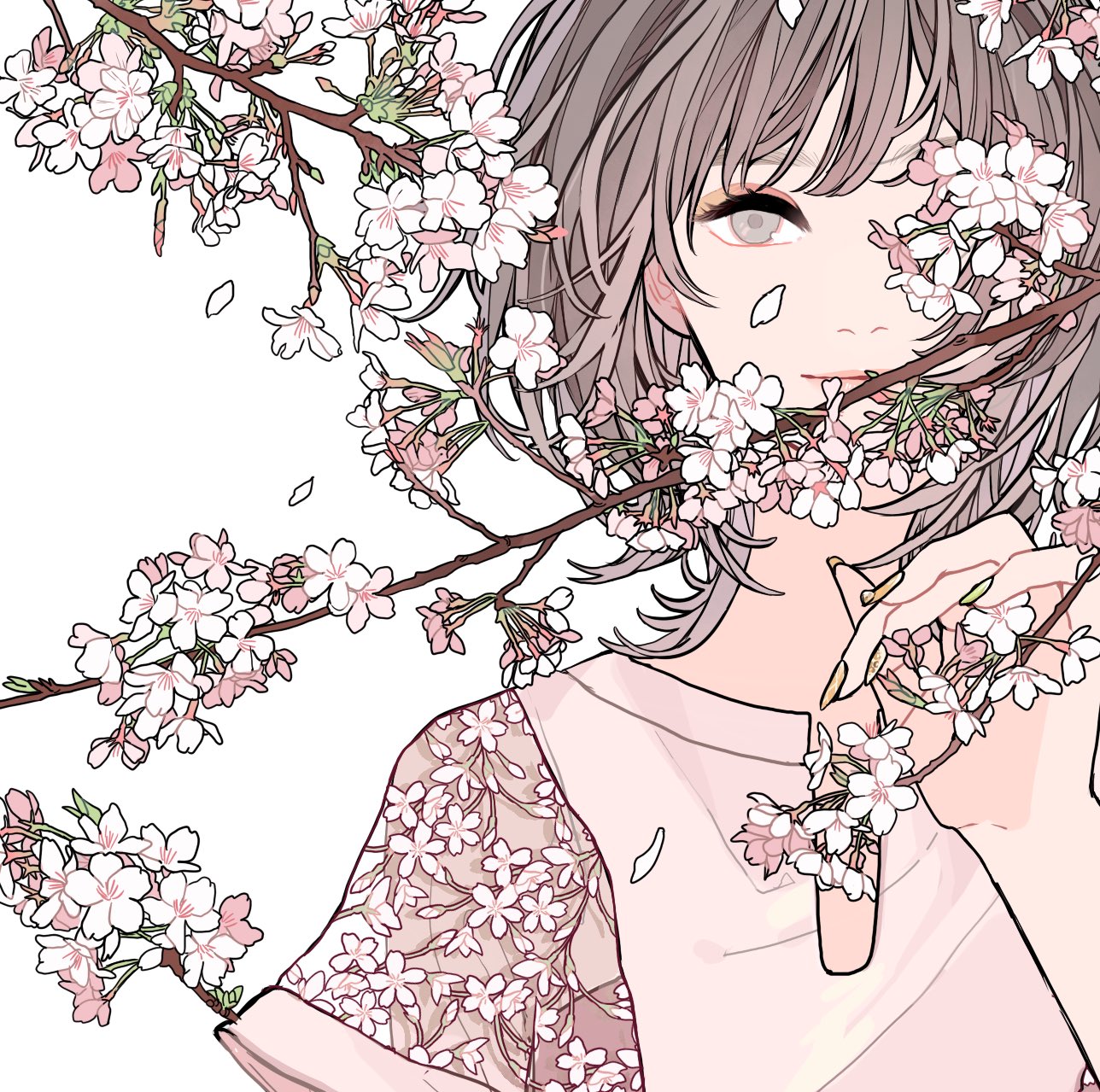 an animestyle illustration of a girl surrounded by cherry blossom branches. she has gray hair and large, lightcolored eyes. she's wearing a pink top, with a flower pattern on one sleeve. one hand is visible, holding a cherry blossom branch near her face.