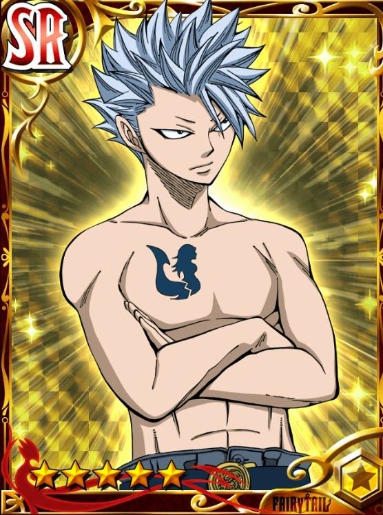 the image is of a male anime character, gray fullbuster, from the fairy tail anime and manga series. he has silver hair, a muscular physique, and a tattoo of a mermaid on his chest. he is shirtless, showing off his abs and muscles. he stands with his arms crossed, looking determined and confident. the image is set against a background of a goldcolored frame with a checkered pattern.