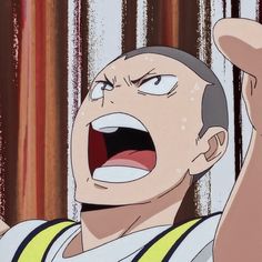 a closeup illustration of a male anime character with short hair, yelling with his mouth wide open and his hand raised.  he is sweating and appears to be wearing a white and yellow athletic uniform. the background is a striped red and white pattern.