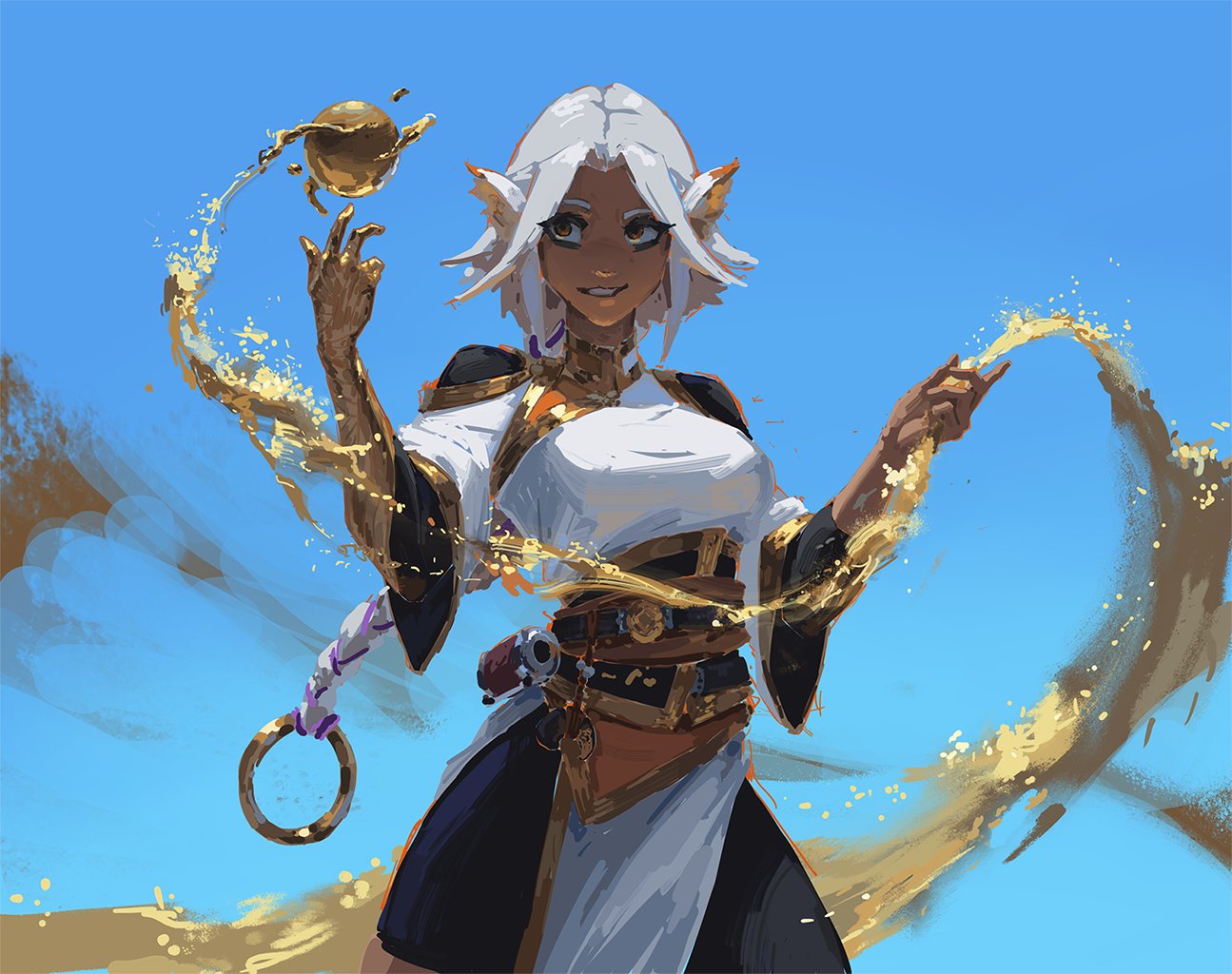 the image is a vibrant digital painting of a female fantasy character, possibly an elf, with white hair and brown skin. she possesses pointed ears and wears a white and darkcolored outfit with steampunkinspired elements like a detailed belt. the character is depicted wielding magical powers, manipulating streams of golden sand that flow around her and form intricate patterns in the air. she holds a golden orb aloft in one hand, and a strand of sand extends outward from the other hand. her expression is confident and she seems to be in control of her magic. the background is a clear, bright blue sky, creating a sharp contrast with the rich golden tones of the sand and character's attire. the overall style is whimsical and fantastical. the painting is highly detailed yet maintains a loose, painterly feel, showcasing the artist’s skill in blending colors and capturing movement.