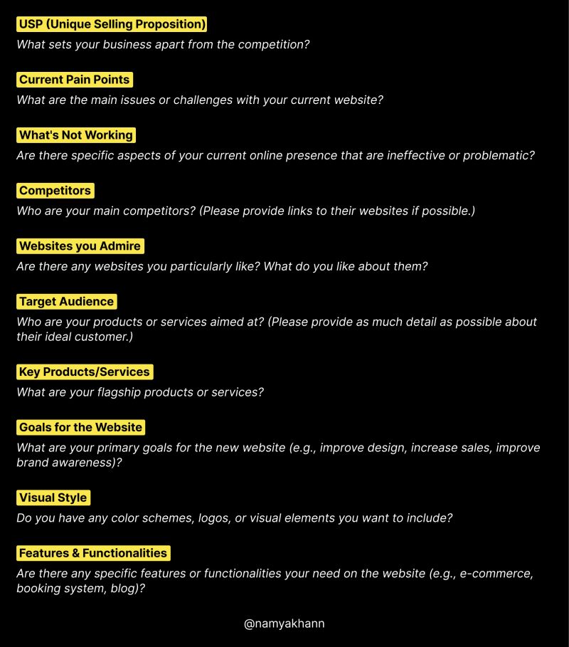 the image shows a list of questions to ask about a business before designing a website. the questions cover topics such as usp, current pain points, what's not working, competitors, websites you admire, target audience, key products/services, goals for the website, visual style, and features & functionalities. at the bottom of the image is the username "@namyakhann".