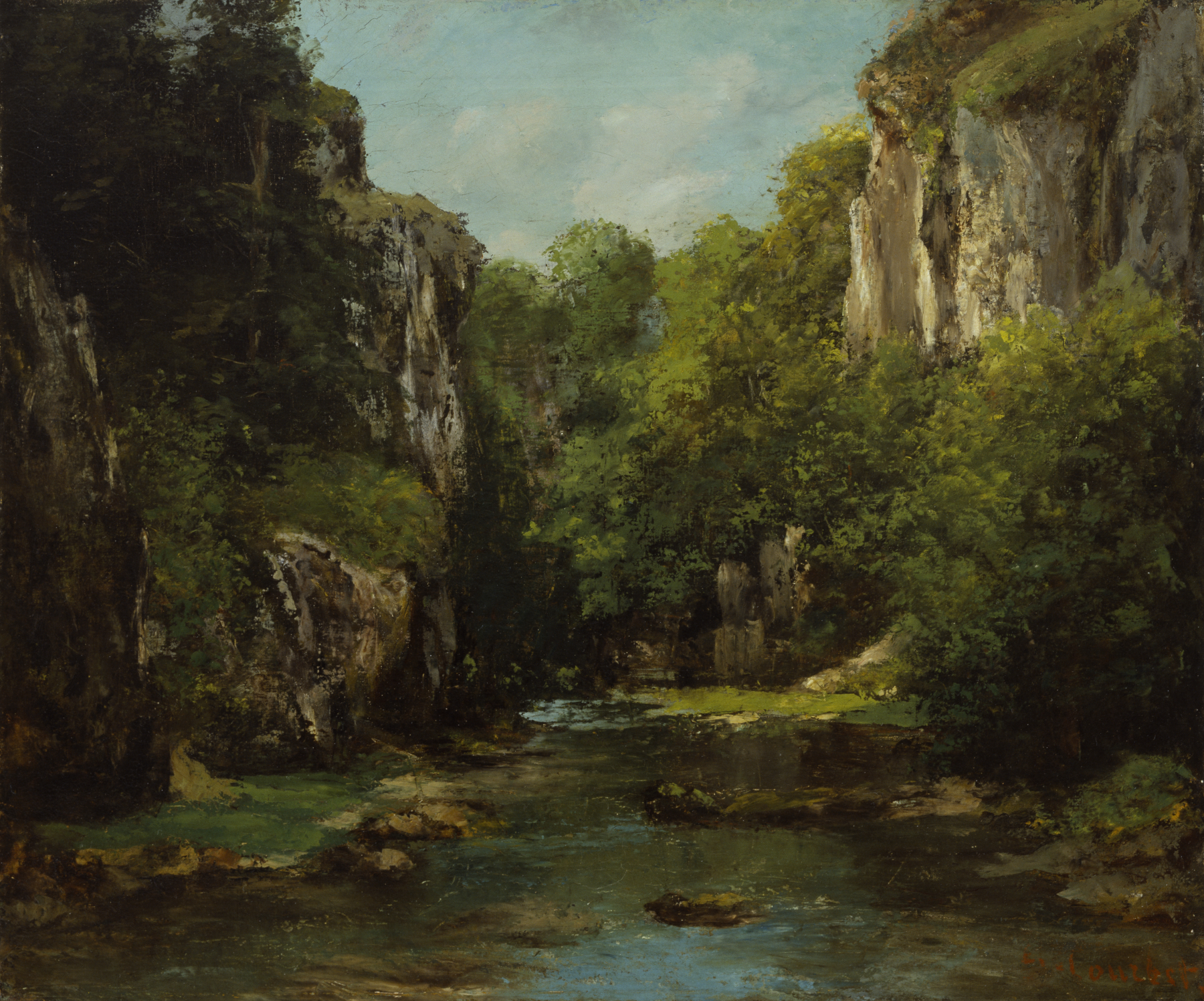 a painting depicting a landscape scene with water, rocks, cliffs, and trees. the water appears to be a river or stream flowing through a rocky canyon. cliffs flank both sides of the waterway, covered with trees and vegetation. the sky above is a pale blue with some clouds. the scene is full of light and shadows, creating depth and texture. the overall impression is of a natural, untouched wilderness.