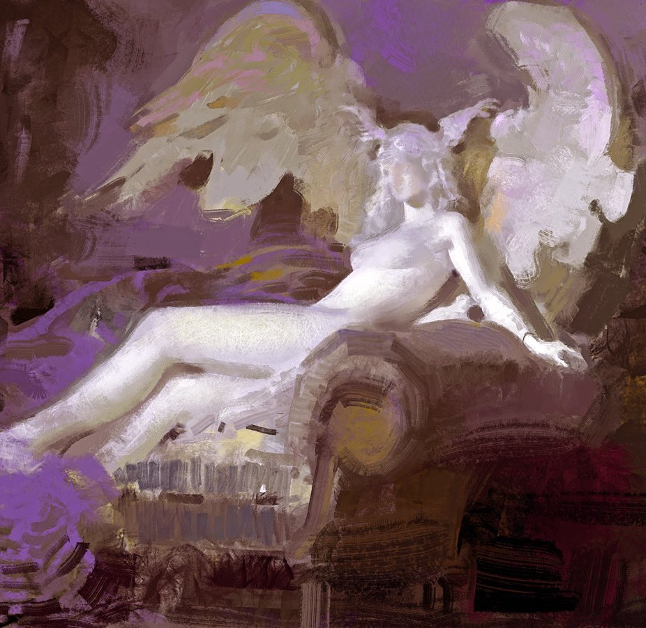 a painting of an angel with large white wings, reclining on a chaise lounge. the angel is depicted as a woman with a soft, ethereal look. the painting is done in a style that is reminiscent of impressionism, with soft brushstrokes and a focus on light and color.