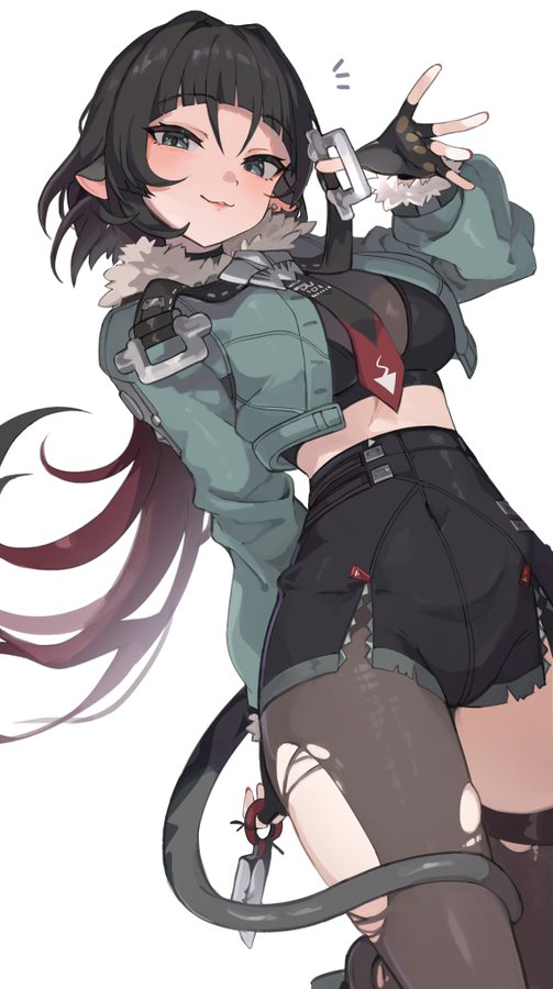 an anime girl with long black hair with red streaks, green jacket, black shorts, and black boots, she is smiling and has a playful expression on her face. she has a cat tail and cat ears and is holding a knife in her hand. she is looking at the viewer and seems confident and happy. she is a demon girl and a fighter.