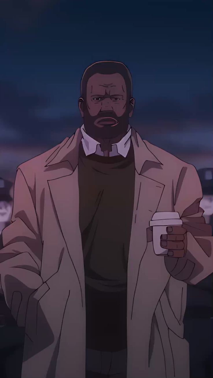 the image showcases a black man, likely in his late 30s or 40s, standing against a twilight cityscape backdrop. he wears a light brown trench coat over a dark brown sweater and holds a white disposable coffee cup. his expression is serious and contemplative. the overall color palette is muted and cooltoned, emphasizing the melancholic atmosphere of the evening setting.
