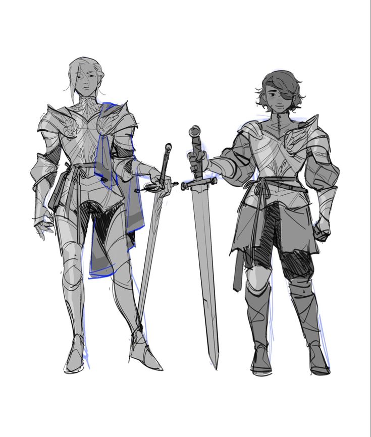 the image presents a grayscale sketch of two female knights, standing sidebyside, each holding a sword.  they are depicted in detailed plate armor with slight stylistic differences in the armor's design and their postures.  one knight has a longer cloaklike garment attached to their armor. the style is reminiscent of concept art for a fantasy game or novel.  the sketch showcases both the figures and their weapons with a focus on character design rather than highly rendered details.  the lines are fluid and suggestive of movement, and the level of detail indicates it's likely an early stage of design.