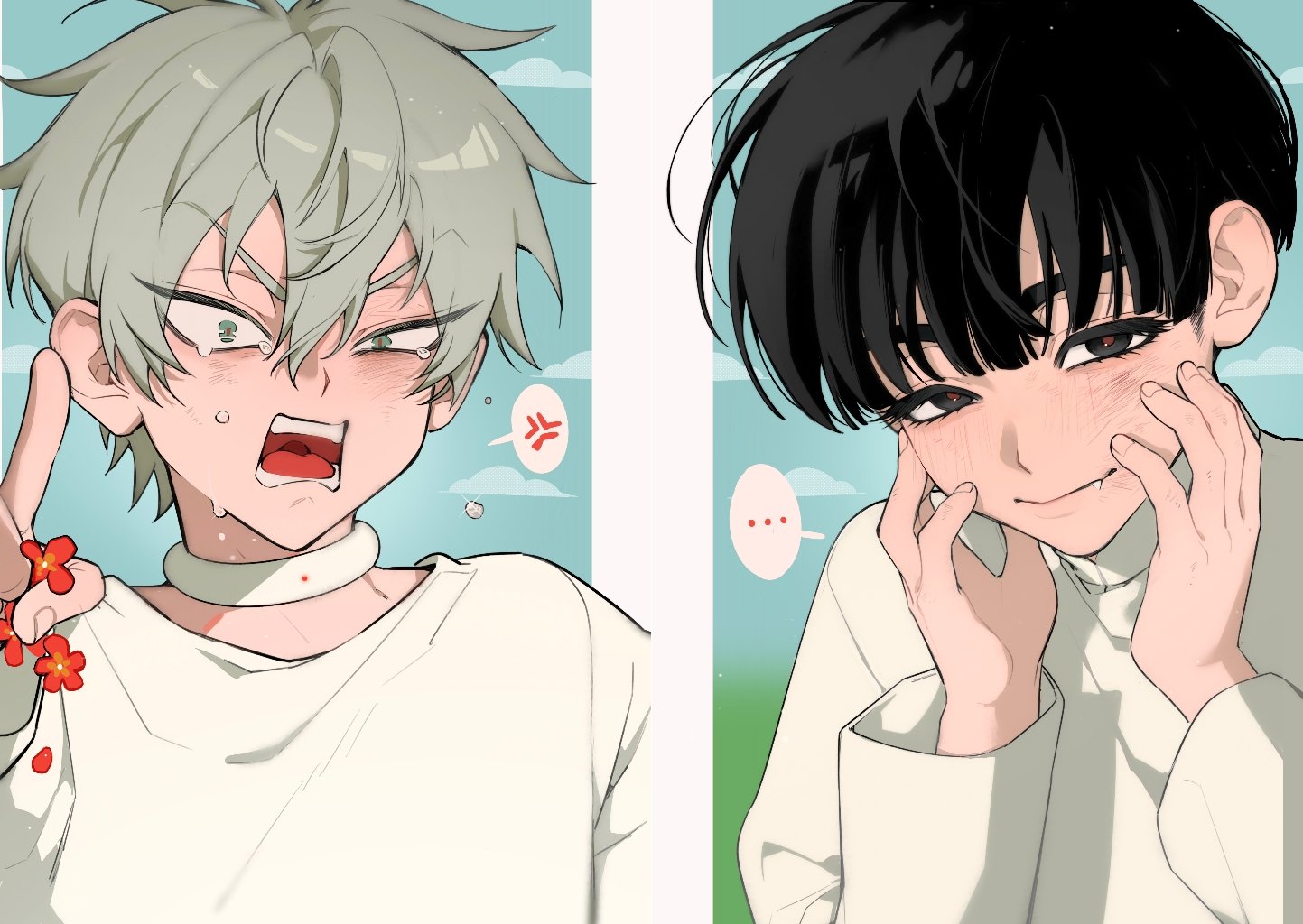the image shows two anime boys side by side. the boy on the left has green hair, a white shirt, and an angry expression with red eyes. he is blushing and has a flower near his hand. the boy on the right has black hair, a white shirt, and a cute expression with red eyes. he is blushing and has his hands on his cheeks. the background is a light blue sky with clouds.