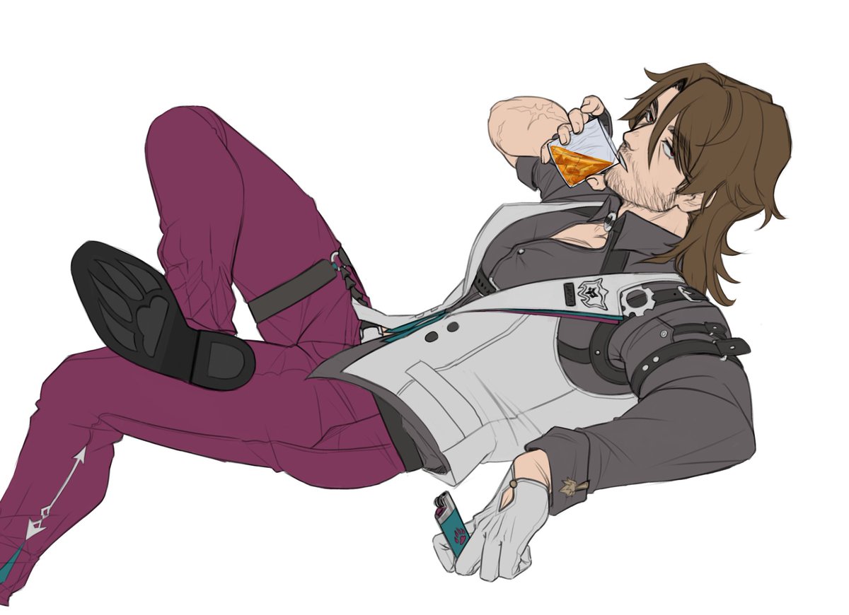 an illustration of an anime man sitting with one leg bent and the other extended, relaxing with a drink in hand and a lighter in his other hand. he is wearing a white jacket over a black shirt with purple pants and black shoes.