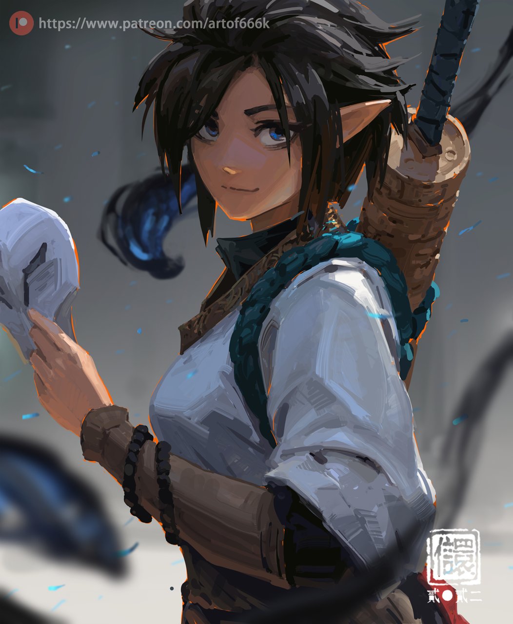 he image is a digital painting of a female animestyle character. she has pointed ears, suggesting an elf or similar fantasy race. she has dark hair and blue eyes, and is wearing a white and teal outfit with brown accents. she is holding a white mask and has a katana strapped to her back. the background is somewhat blurry, with dark blue and black elements that could be smoke or shadows. the artist's patreon information is included in the image. the style is painterly and expressive, focusing on a character portrait with a mysterious and slightly confident expression.