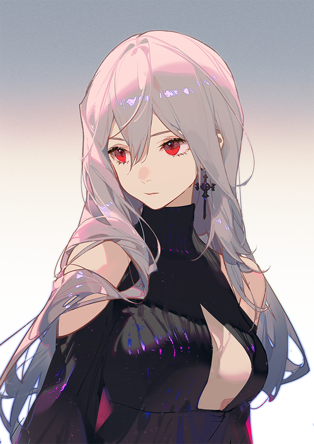 an animestyle image depicts a woman with long, flowing gray hair and striking red eyes. she is wearing a black dress with a high turtleneck. a crossshaped earring is visible on one ear. the style is reminiscent of digital art or illustration.