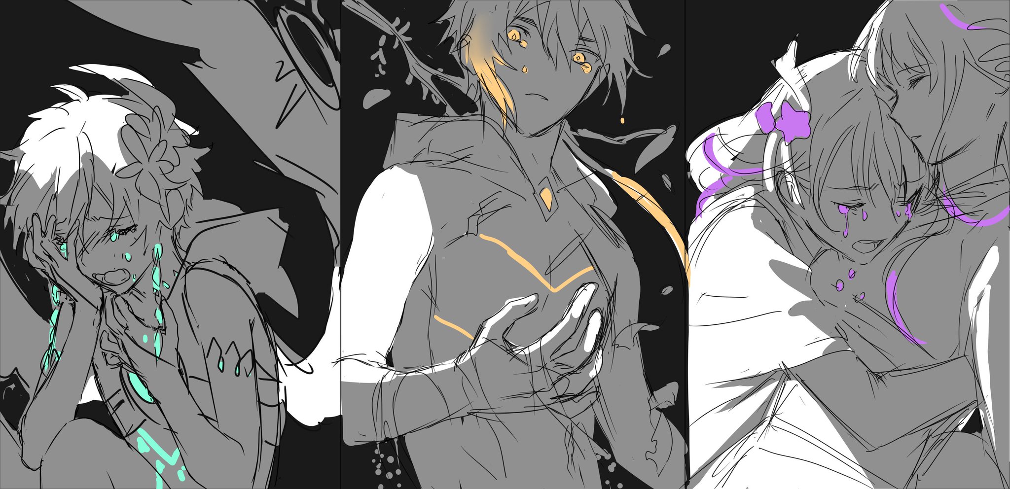 the image is a digital sketch of three anime characters. the one on the left is a female character with long hair, and she is crying and holding her face with her hands. the middle character is a male character with short hair, and he is clutching his chest, seemingly in pain. the right character is a female character with long hair. she is holding a male character who is not visible in the image, and she is crying. all three characters appear to be distressed and sad. the background of the image is black, which highlights the characters' expressions of sadness and pain. the sketch is done in a realistic style, which adds to the emotional impact of the image.