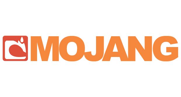 the image contains the mojang logo, which is a wordmark in orange with a small orange square containing a white creeper icon. the logo is against a white background.