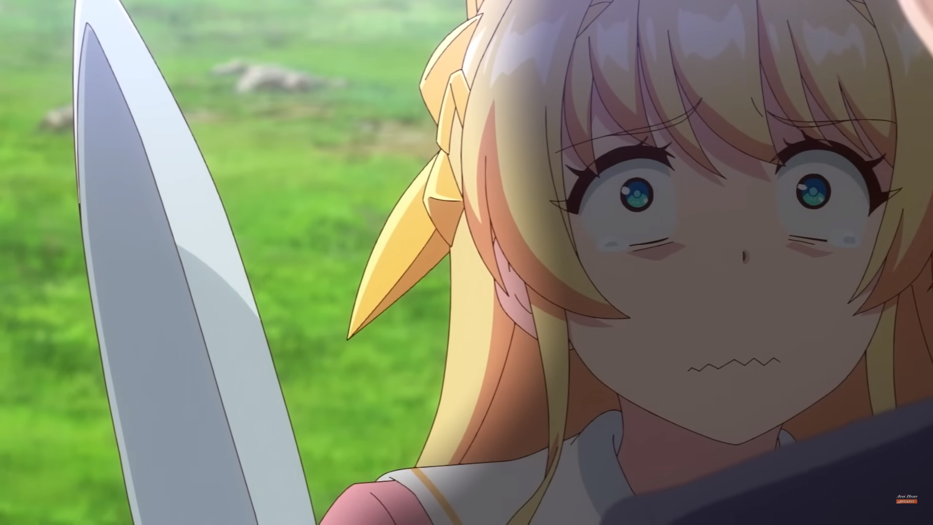 a closeup shot of an anime girl with blonde hair and blue eyes. she is holding a sword and has a look of fear and surprise on her face. she is crying with tears welling up in her eyes. the background is a blurry green field.