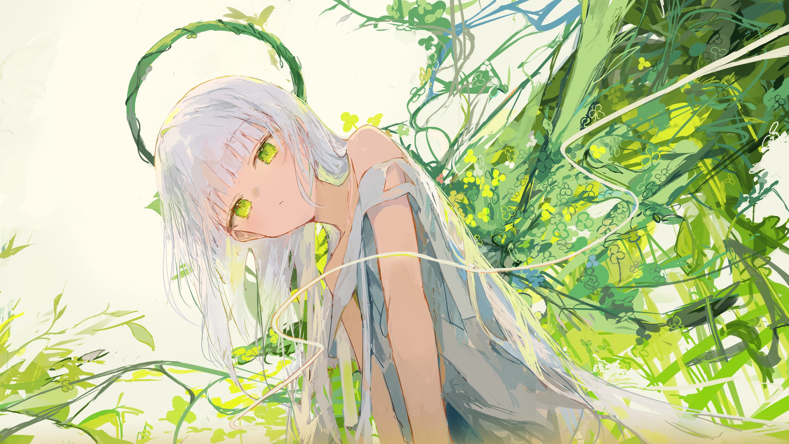 the image is a digital painting of an animestyle girl with long, flowing white hair and bright green eyes. she is depicted from the chest up, partially obscured by vibrant green foliage that appears to be growing around and from her, suggesting a connection with nature.  the style is painterly and loose, with visible brush strokes.  the colors are bright and airy, emphasizing a light, almost ethereal atmosphere. the background is a chaotic yet harmonious blend of green tones, showcasing a variety of leaves, vines, and small yellow flowers, creating a lush and fantastical setting. she wears a simple, light grey dress that seems almost woven from the surrounding greenery, and a green vine forms a halo above her head. the overall impression is one of delicate beauty and peaceful coexistence with nature.