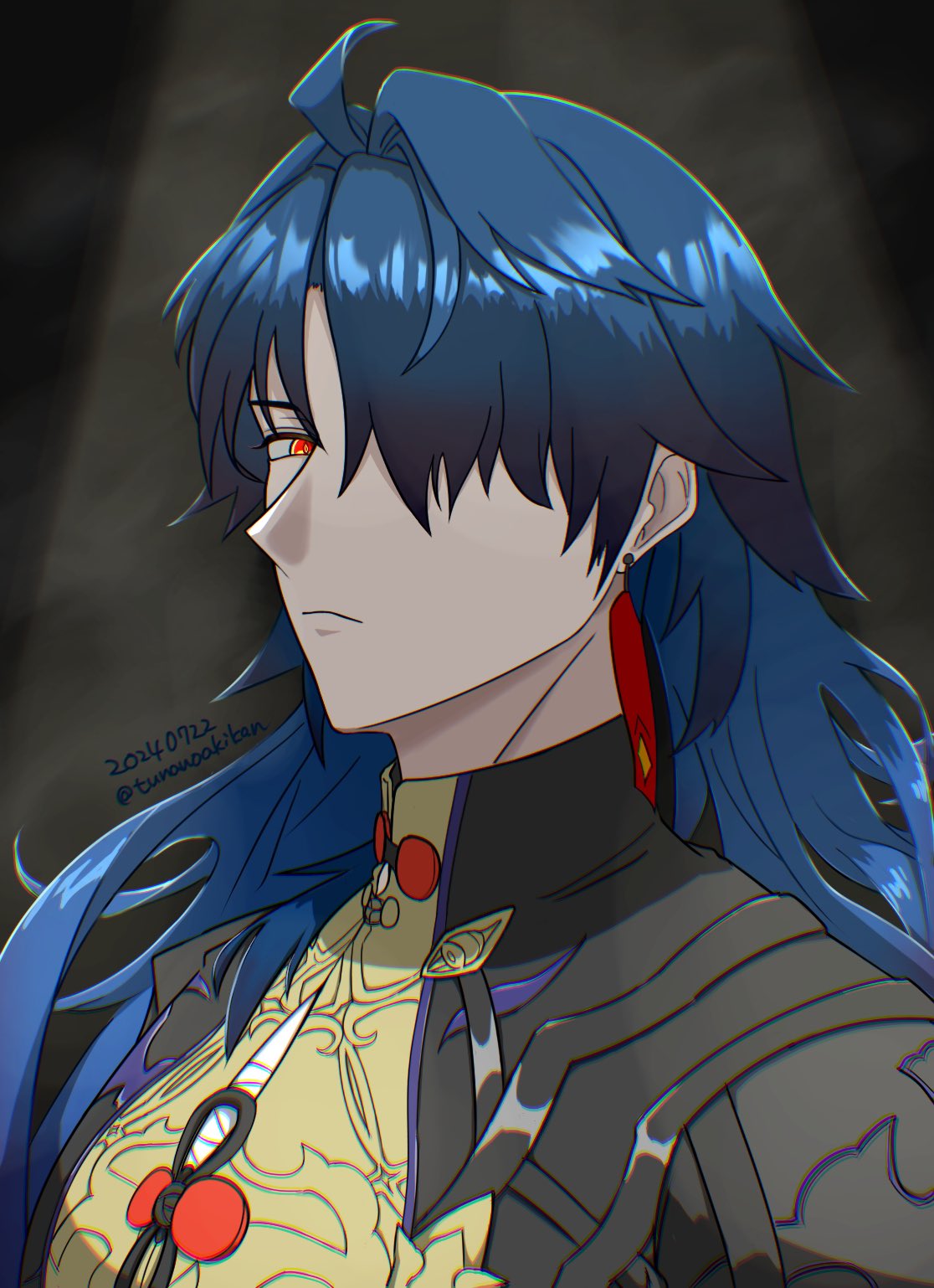 this is a digital illustration of an anime male character. he has long blue hair, red eyes, and is wearing dark clothes with golden armor accents. he also has red earrings.