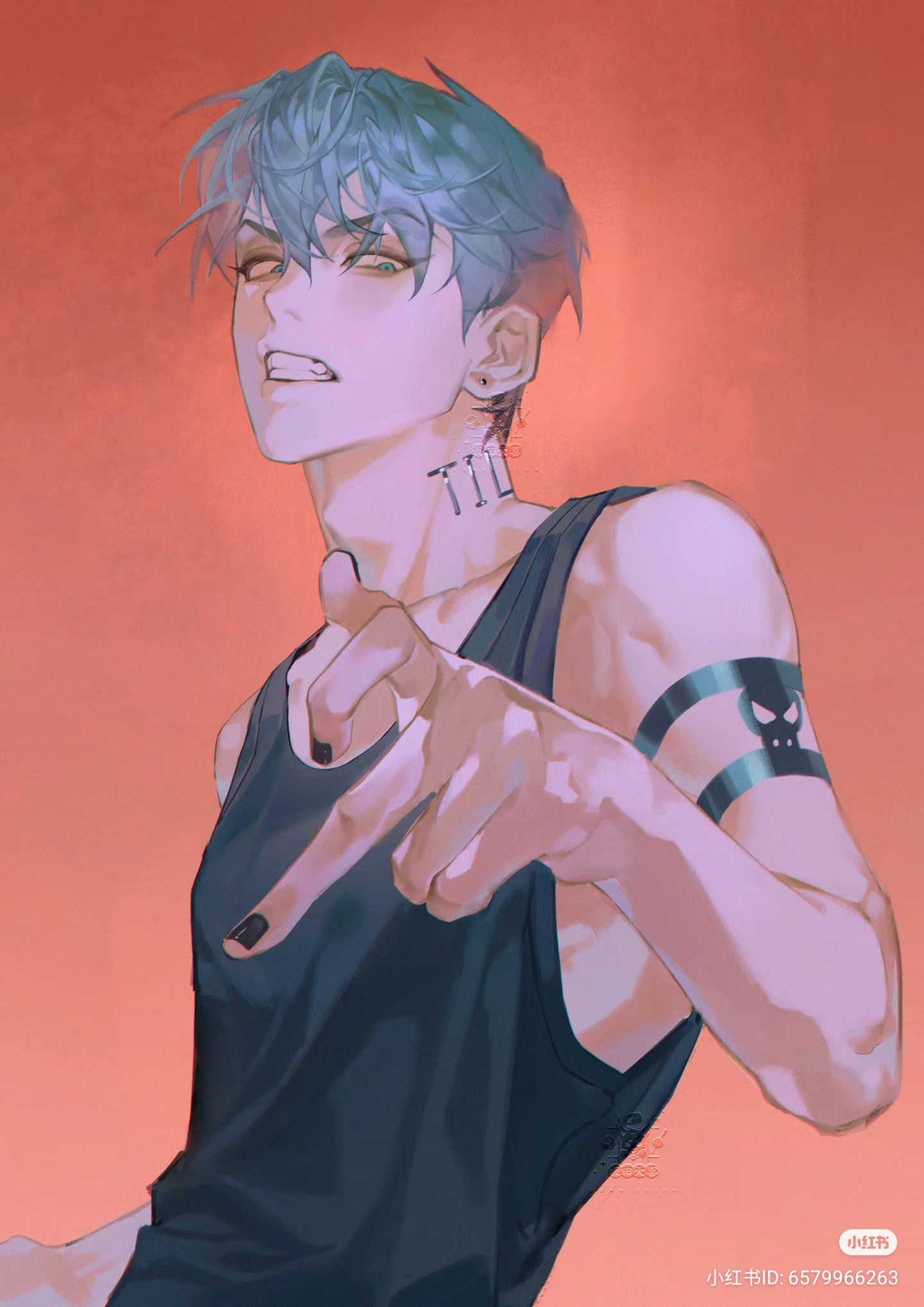 the image showcases a digital illustration of an androgynous young man with short, tealblue hair. he sports a black tank top and numerous tattoos: roman numerals on his collarbone, a skull with crossbones on his upper arm, and a black band around his other arm. the background is a solid, warm orangered. the man's pose is confident and slightly confrontational, with one hand pointing directly at the viewer and a challenging expression on his face. the art style is reminiscent of anime and manga, with a focus on sharp lines and vibrant colors.
