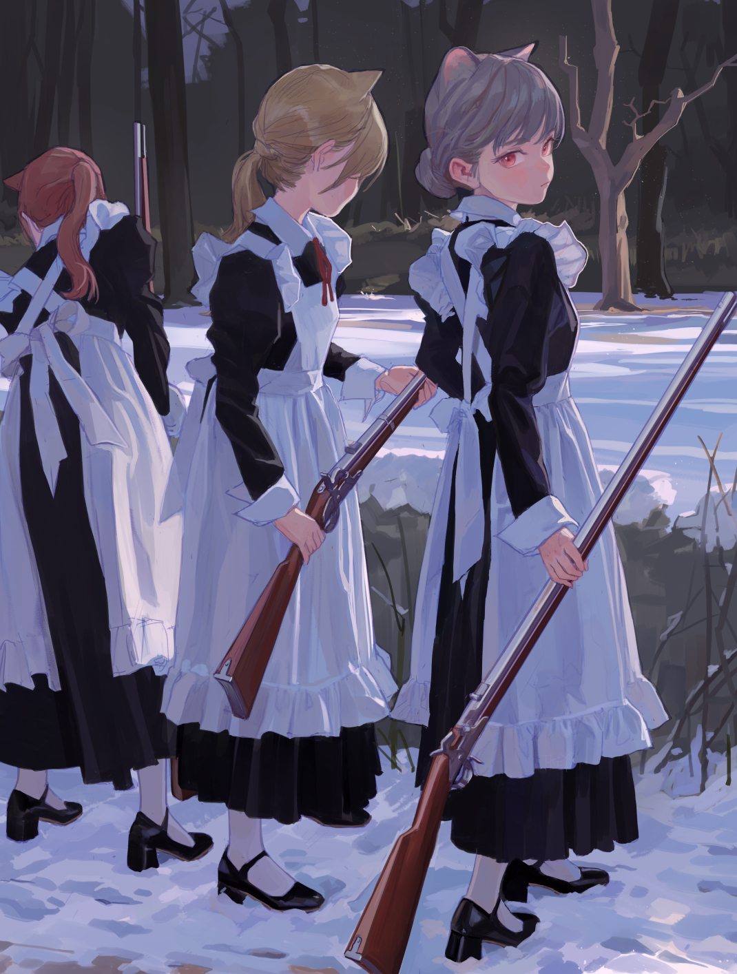 three animestyle women in maid outfits are walking through a snowy woods, each carrying a rifle. they all have cat ears. the woman in the front has grey hair, while the woman in the middle has blonde hair and the woman in the back has red hair.