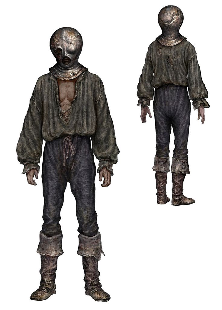this image is a drawing of a character from the dark souls video game. the character is a humanoid figure with a metal helmet that covers its entire head. it is wearing a dirty and torn shirt and pants. the character is depicted from the front and back, with the back view showing the character's boots and the front view showing the character's hands. the character's face is not visible through the mask, but the mask has holes for its eyes, suggesting that the character may be a sentient being. the drawing is done in a dark and gloomy style, which is consistent with the overall tone of the dark souls series.