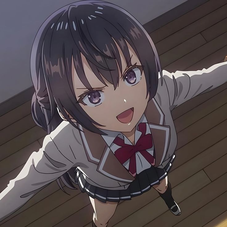 an anime girl with brown hair and purple eyes is looking up, her mouth is open in a yell or shout. she is wearing a school uniform consisting of a white shirt, a brown vest, a black skirt with a white stripe, a red bow tie, and black shoes. she appears to be angry.  the background is a wooden floor.