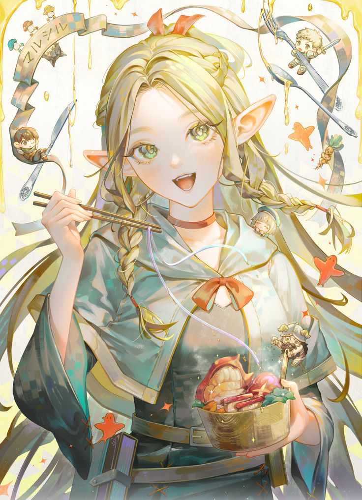 the image is a digital painting of a cute animestyle elf girl with long blonde hair in braids. she is smiling and holding chopsticks, about to eat a bowl of steaming soup or stew which contains what appears to be seafood and vegetables. the overall style is whimsical and fantasylike, with small, cute creatures and objects floating around her. the colors are bright and cheerful. the girl wears a teal and creamcolored outfit with a sailorstyle collar. the scene is set against a pale yellow background with drips of yellow that seem like honey or some other viscous liquid.