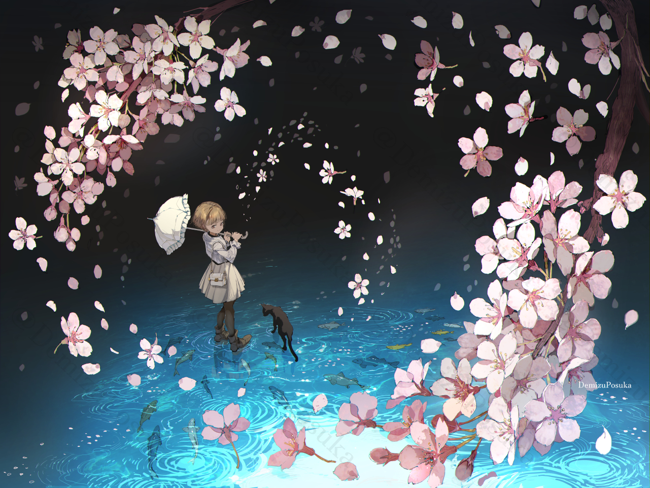 he image is a digital painting or illustration in anime style, showcasing a young girl with short blonde hair standing in a pool of water. she holds a white umbrella and is surrounded by falling cherry blossoms.  a black cat sits nearby. the water is a vibrant blue with ripples, and several fish swim beneath the surface. the overall atmosphere is magical and serene, with a dark background contrasting the soft pink of the blossoms. the artist's signature, demizuposuka, is visible in the bottom right corner. the scene is fantastical and dreamlike.