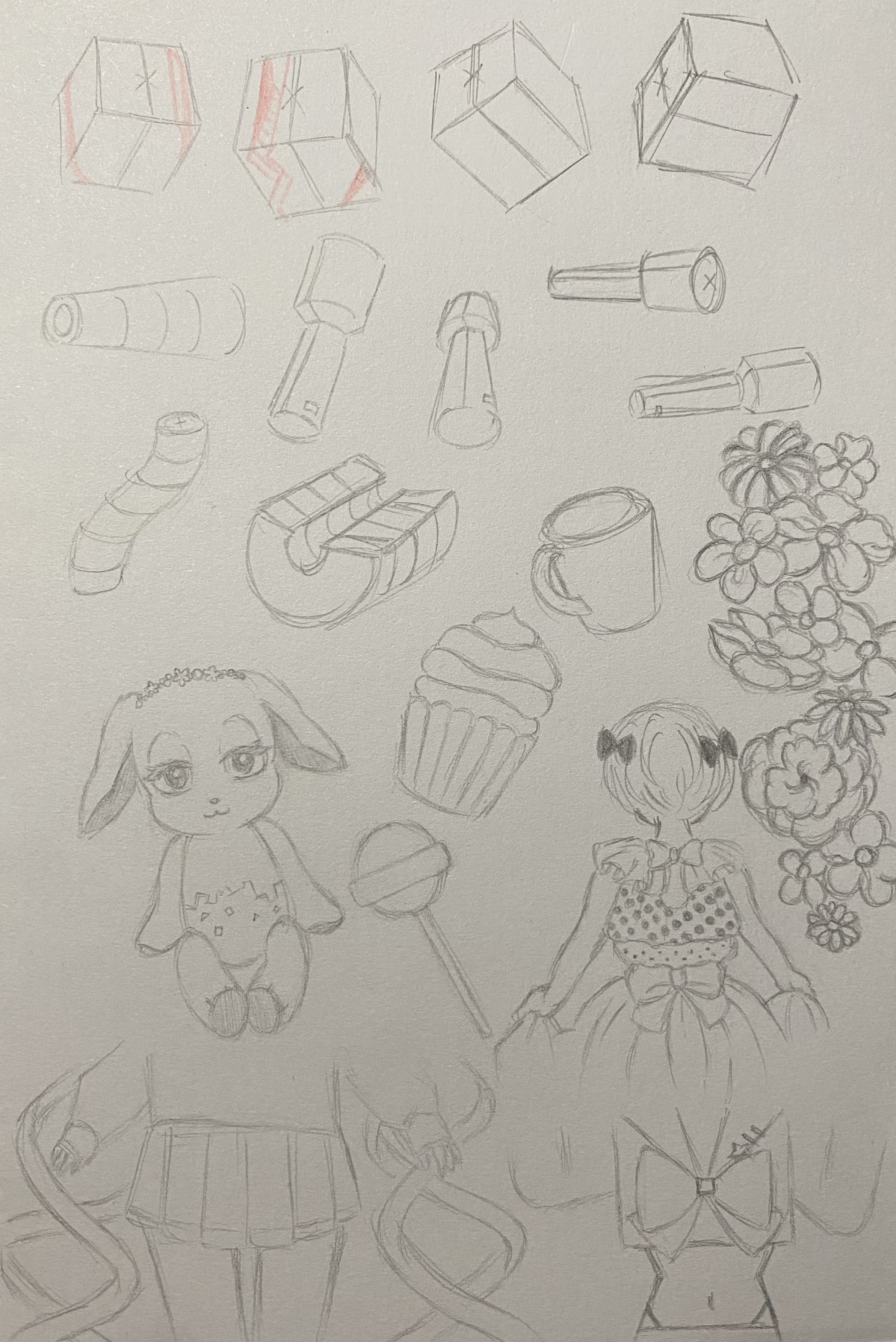 he image contains a collection of pencil sketches on a light beige background.  the sketches are diverse and seem to be random doodles, including: several differently angled gift boxes, flashlights or similar cylindrical objects, various candies (lollipops, a cupcake, a candy cane), a cute bunnylike character, flowers, a girl in a dress, a mug, and what appears to be a partial sketch of a person in a skirt. the style is simplistic and somewhat childlike, with a mix of cartoon and possibly anime/mangainfluenced elements.  the overall impression is one of a casual, creative brainstorming session or sketchbook page filled with a variety of imaginative objects.