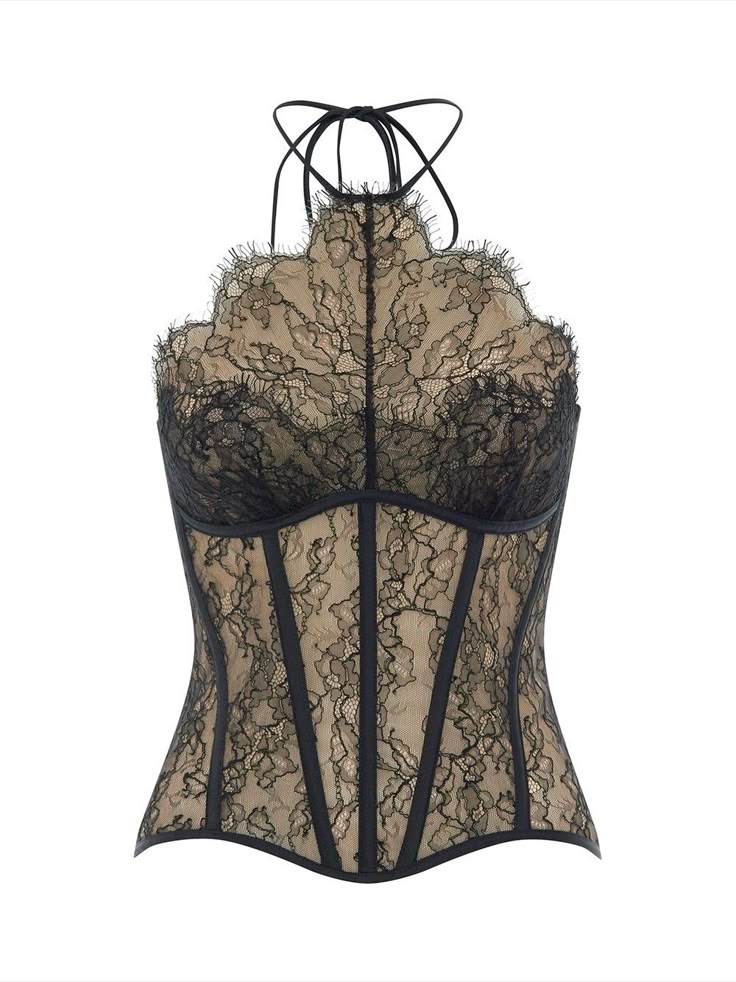 the image shows a lace halterneck corset top. the corset is predominantly black lace with a tan or nudecolored underlay. it features a high halter neckline secured with thin black straps that tie at the back of the neck. the bust area is heavily decorated with lace, and the bodice is structured with black vertical panels that create a boned effect. the overall design is intricate and feminine, characteristic of lingerie or formal wear.