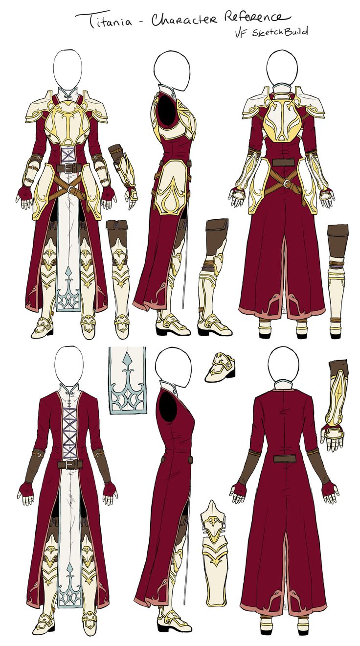 this image is a character reference sheet for a character named titanía. it's labeled as a "vf sketch build," suggesting it's a visual design development stage. the sheet presents titanía in several views: front, side, and back. her design showcases a combination of a long, elegant dress in a dark red color with gold accents,  complete with detailed golden armor plating on the chest, shoulders, and boots.  the sheet includes closeups of individual armor pieces, giving a detailed look at the design.  the style is distinctly fantasy, suggestive of a knight or other warrior in a medieval or highfantasy setting.  the overall visual style is clean and clear, ideal for use in game development or illustration.