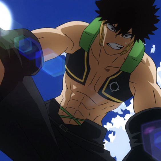this is an anime image of a muscular male character from my hero academia. he is wearing a green and black costume with a determined expression on his face. the character appears to be midaction, perhaps in the middle of a fight.  the image is drawn in a dynamic and energetic style, capturing the character's power and strength.