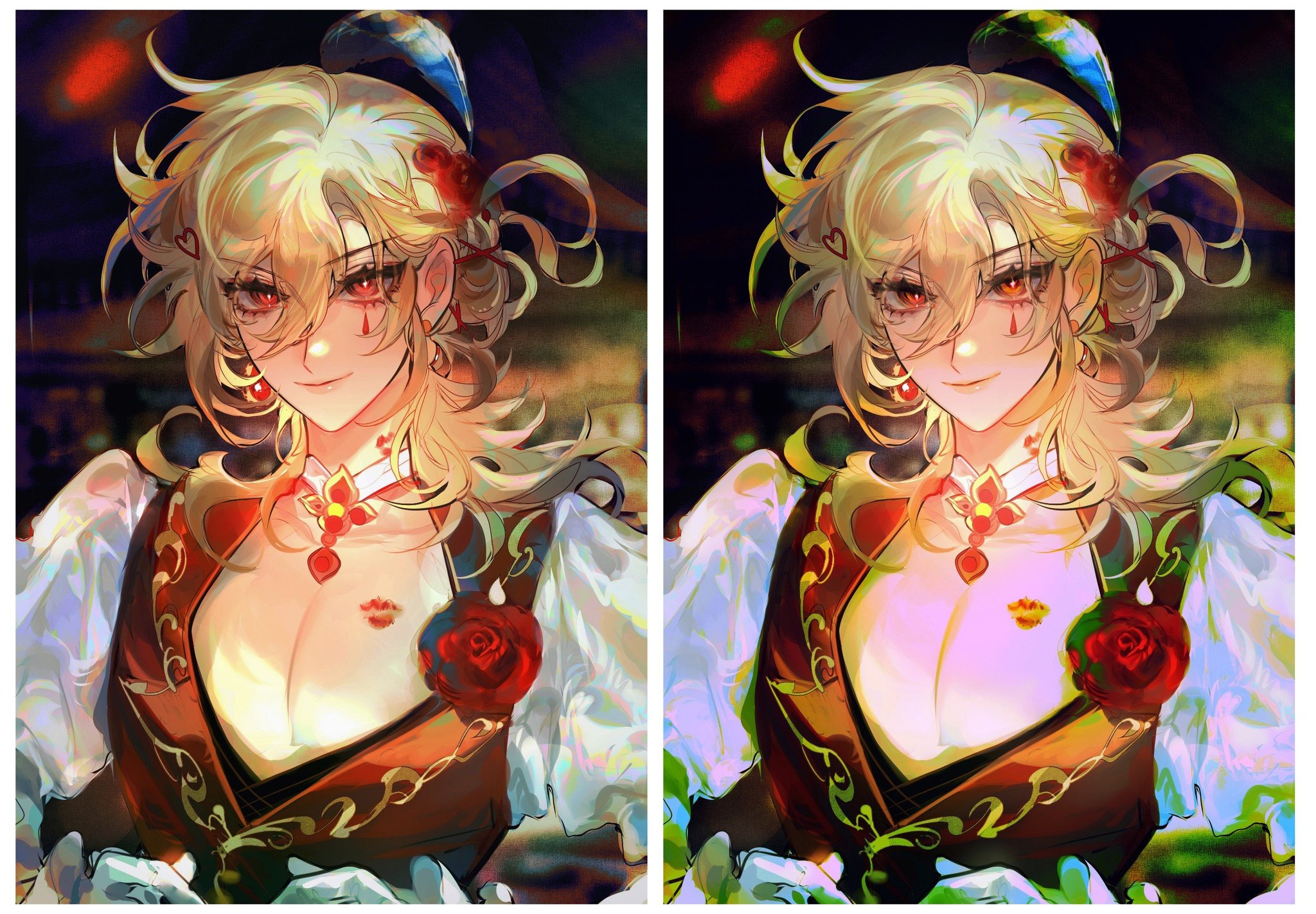 he image is a digital painting of an animestyle female character. she has long, blonde hair styled in an elaborate updo, and is wearing an ornate red and gold dress with a lowcut neckline.  she has red lipstick marks on her chest and a single red rose is pinned to her bodice. the background is dark and blurry, with warm lighting illuminating the character, creating a glamorous and slightly mysterious atmosphere. the artwork has a highly stylized and colorful aesthetic, emphasizing vibrant hues and soft light effects to enhance her features.  there are two nearly identical versions of the image sidebyside, showing a subtle difference in color grading, particularly in the lighting and saturation on the figure's chest.