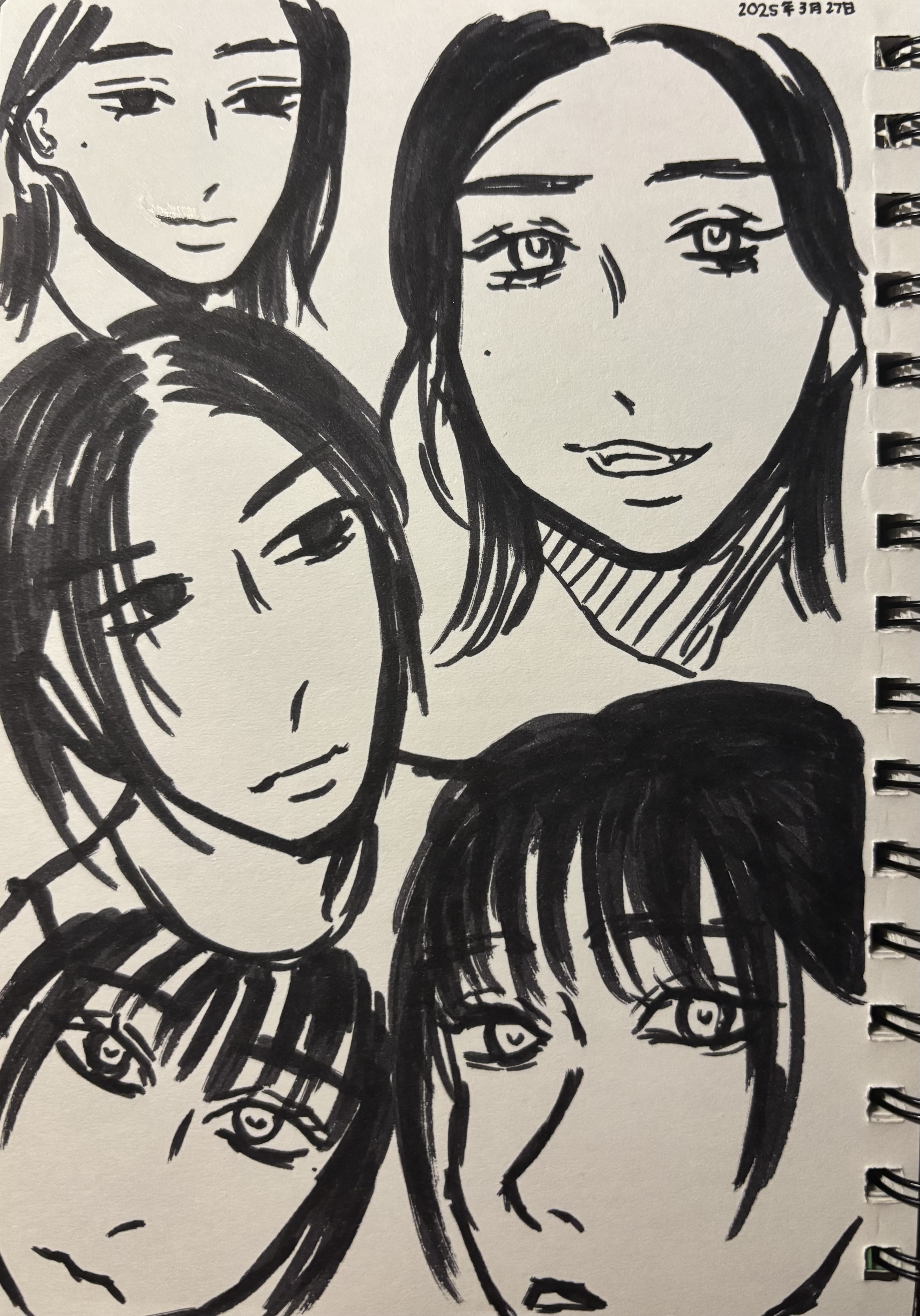 a black and white ink drawing showing five different portraits of women's faces sketched in a notebook. the drawings feature varied hair styles, facial expressions and viewpoints, giving a collagelike feel. a date annotation is visible on the top right and the ring binding of the notebook on the right margin. the drawings display various expressions and attitudes.