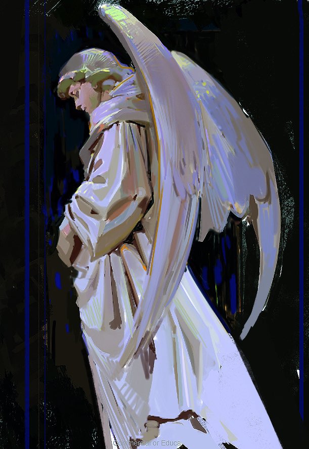 this is a digital painting depicting an angel with large white wings, dressed in white robes, standing in the dark background. the angel is positioned so it only shows the profile of its face. the wings are large and flowing, creating a sense of ethereal beauty and movement.