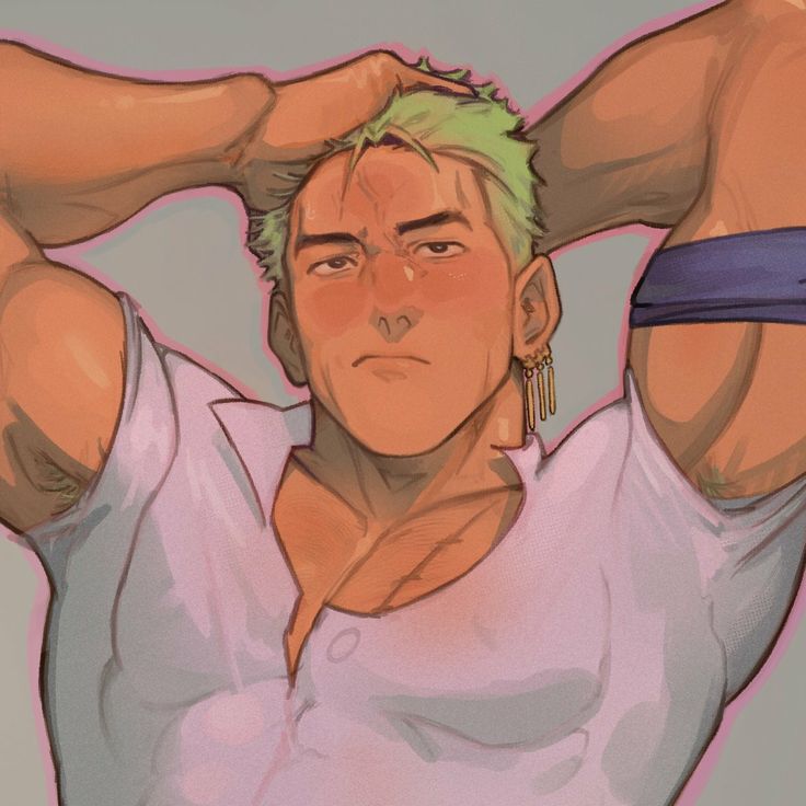 a closeup portrait of a man with green hair, wearing a white shirt and looking directly at the viewer. the man has a serious expression on his face. he is toned and muscular. the image is drawn in a cartoon style.