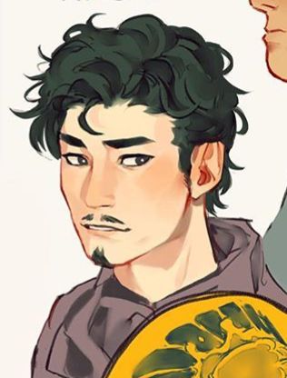 a drawing of a young animestyle man with black hair, green eyes, and a mustache and beard. he is wearing a purple hoodie and holding a yellow musical instrument that appears to be a lute. he looks serious and focused.  the drawing is done in a style that is similar to manga or anime.