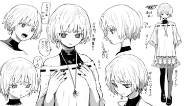 the image is a character sheet featuring an anime girl with a bob cut. she has different facial expressions and poses. she's wearing a white dress with ruffled sleeves and hem, black stockings, and black shoes in one pose. other poses include closeups of her face, earrings, and hands with black fingernails. she's also wearing a necklace. there are speech bubbles with japanese text and labels in japanese describing aspects of her design.