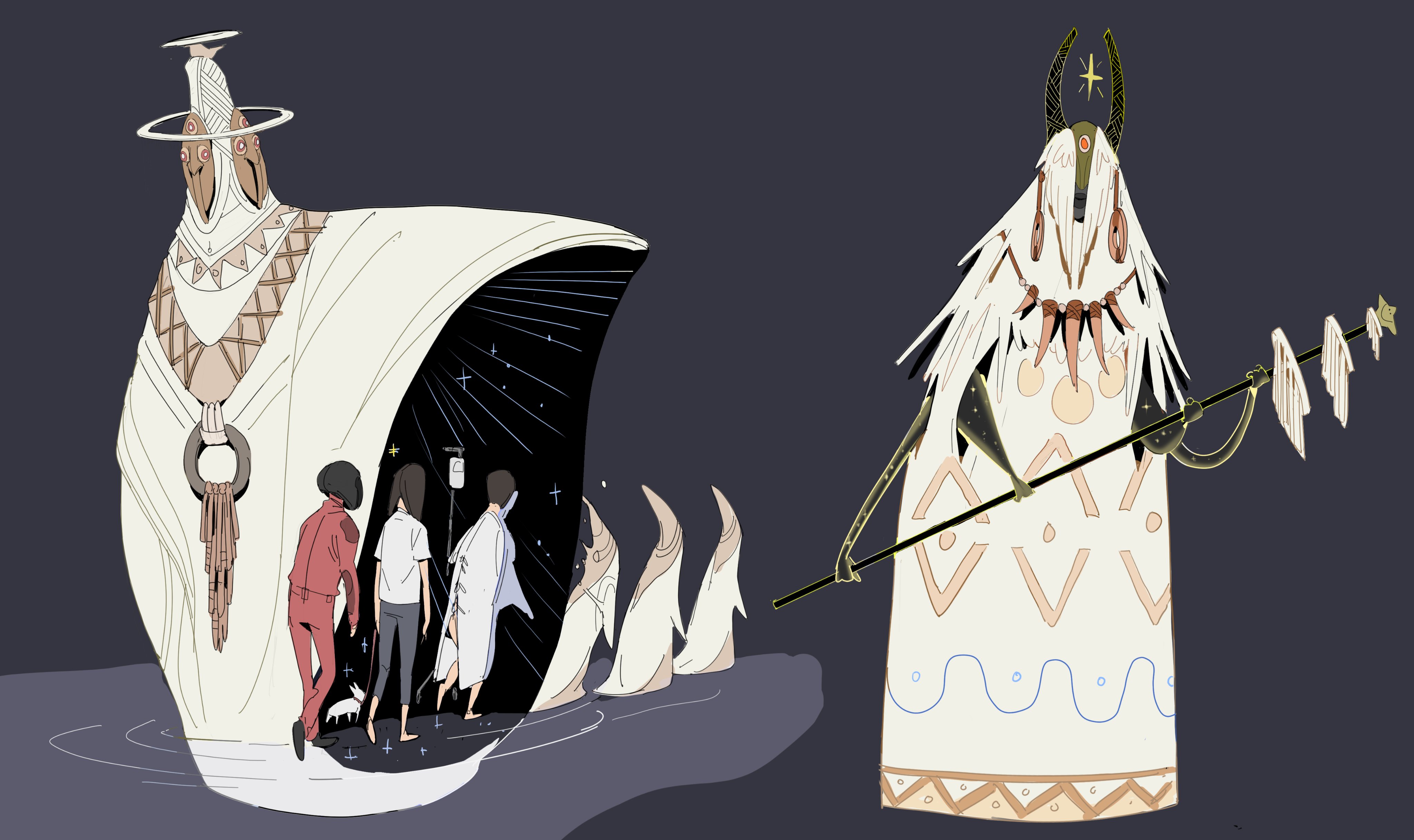 the illustration showcases two distinct figures, seemingly deities or spiritual beings, each with a unique style and presence. on the left, a large, white, robeclad figure resembles a celestial being with multiple eyes, a halo, and intricate details reminiscent of ancient cultures. this entity appears to be a portal or gateway, with three figures, seemingly human, walking towards a dark, starlit space. they are dressed simply; one wears red and another white. on the right, another figure, wearing a long white robe adorned with geometric patterns and holding a staff with white cloth hanging from it, is present. this figure possesses a more angular, masklike face and horns, giving it a strong, shamanistic quality. the background is a deep, muted tone, enhancing the mystical nature of the artwork. the overall style is a blend of fantasy, spirituality, and possibly cultural references, presenting a surreal and captivating scene.