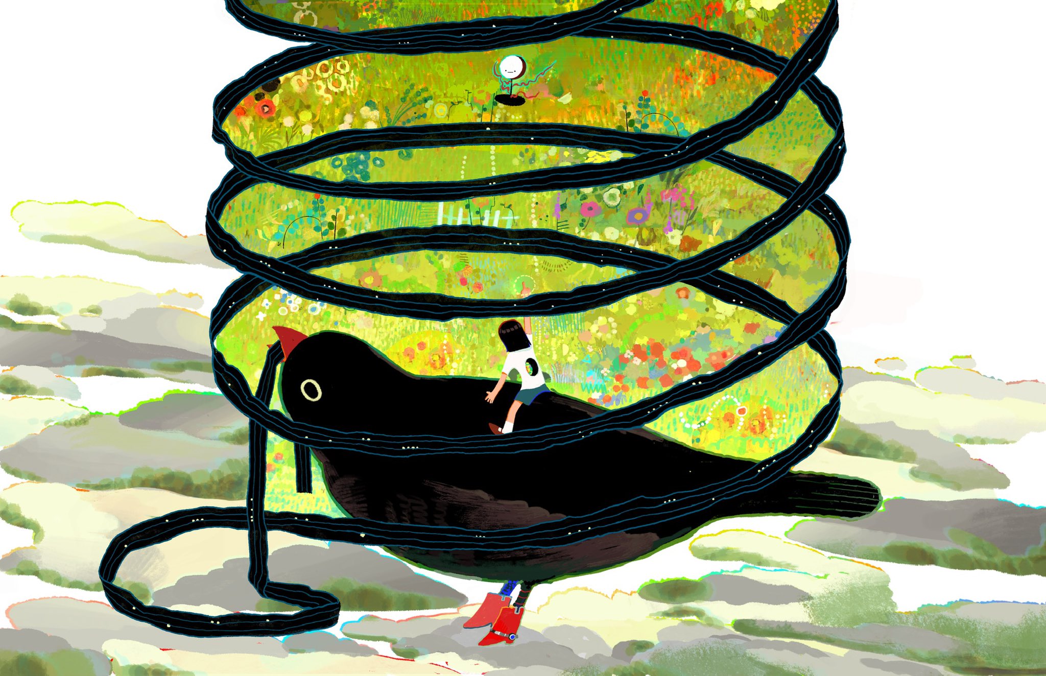 a whimsical illustration featuring a giant black bird soaring through a cloudy sky. wrapped around the bird is a verdant, springlike garden contained within a black coil. a small child perches atop the bird's back, seemingly embarking on a magical journey. the scene is bathed in soft, diffused light, enhancing the dreamlike quality of the image.