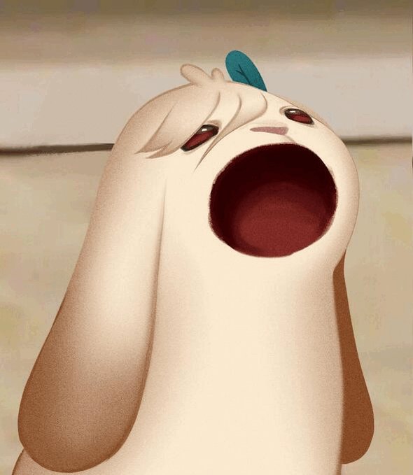 a cartoon image of a cute little bunny.  the bunny has a surprised expression with its mouth open and eyes wide. the bunny has white fur and a pink nose, its ears are drooping down, and it has a fluffy tail.  it has a blue flower on its head.  the bunny looks like it's about to say something.